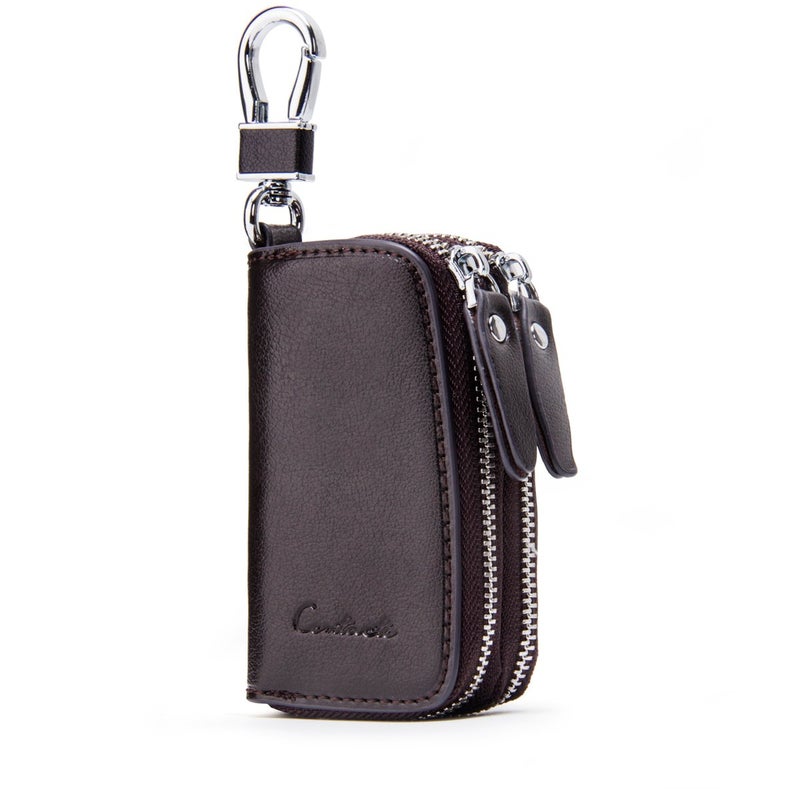 Contacts Leather Car Key Case, Mens Key Chain Hooks Pocket with Keyring Zipper Key Fob Organizer for Men Women - Image 1